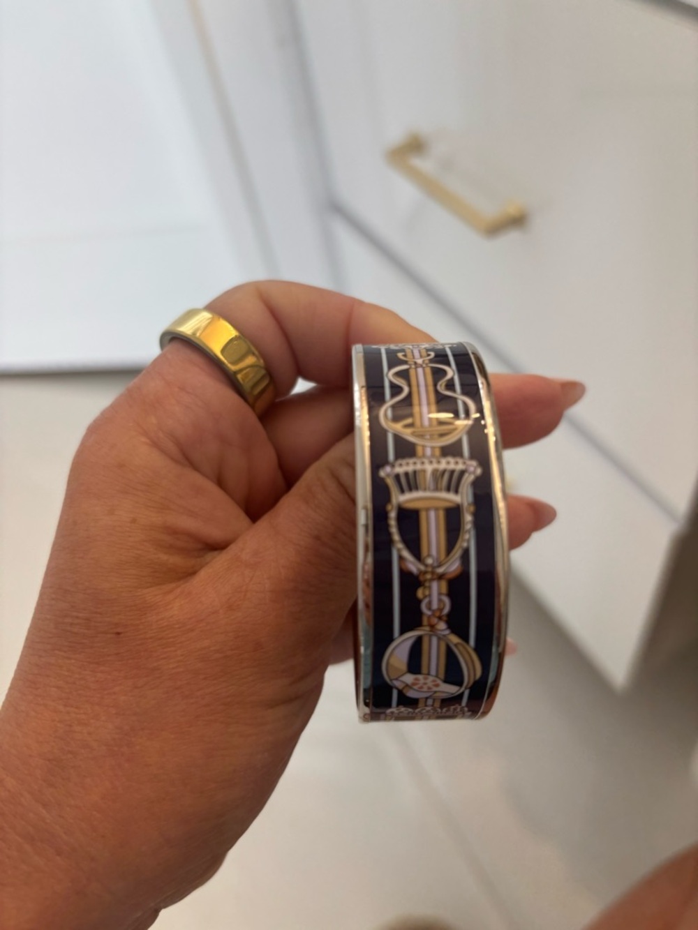 Hermes Style Blue  and Gold Chain Link Enamel Cuff Bracelet silver